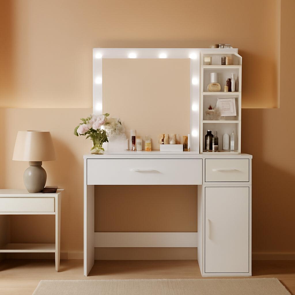 White Vanity Desk Featuring Rotating Jewelry Organizer