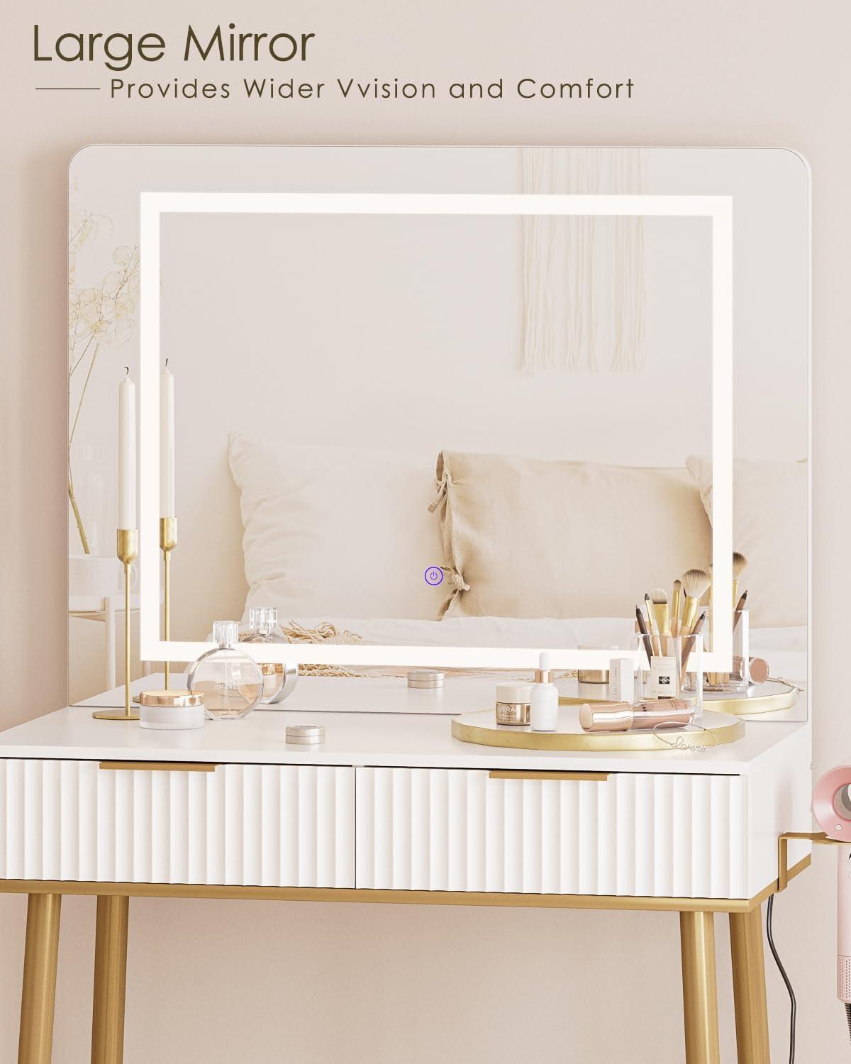 Luxurious White Vanity Desk With Ornamental Accents