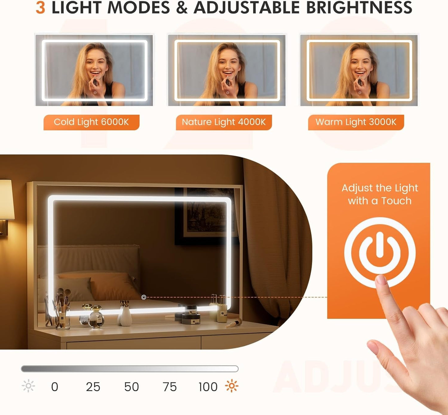 Vanity Desk With 35 Inch LED Backlit Reflection Mirror
