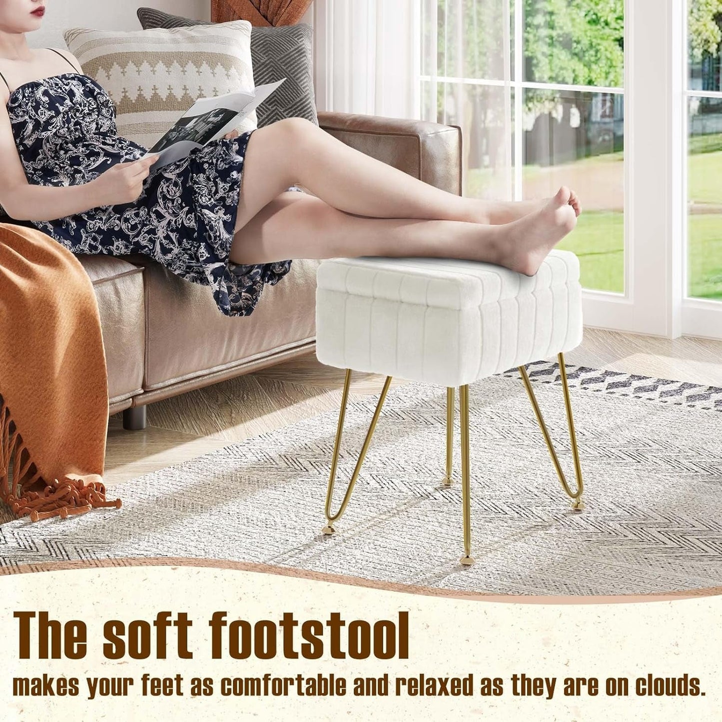 White Faux-Fur Vanity Stool With Premium-Grade Stowable-Storage