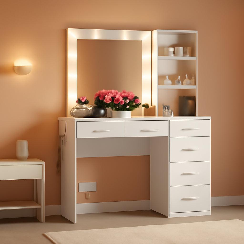 39 Inches White Vanity Desk With Illuminated Makeup Mirror