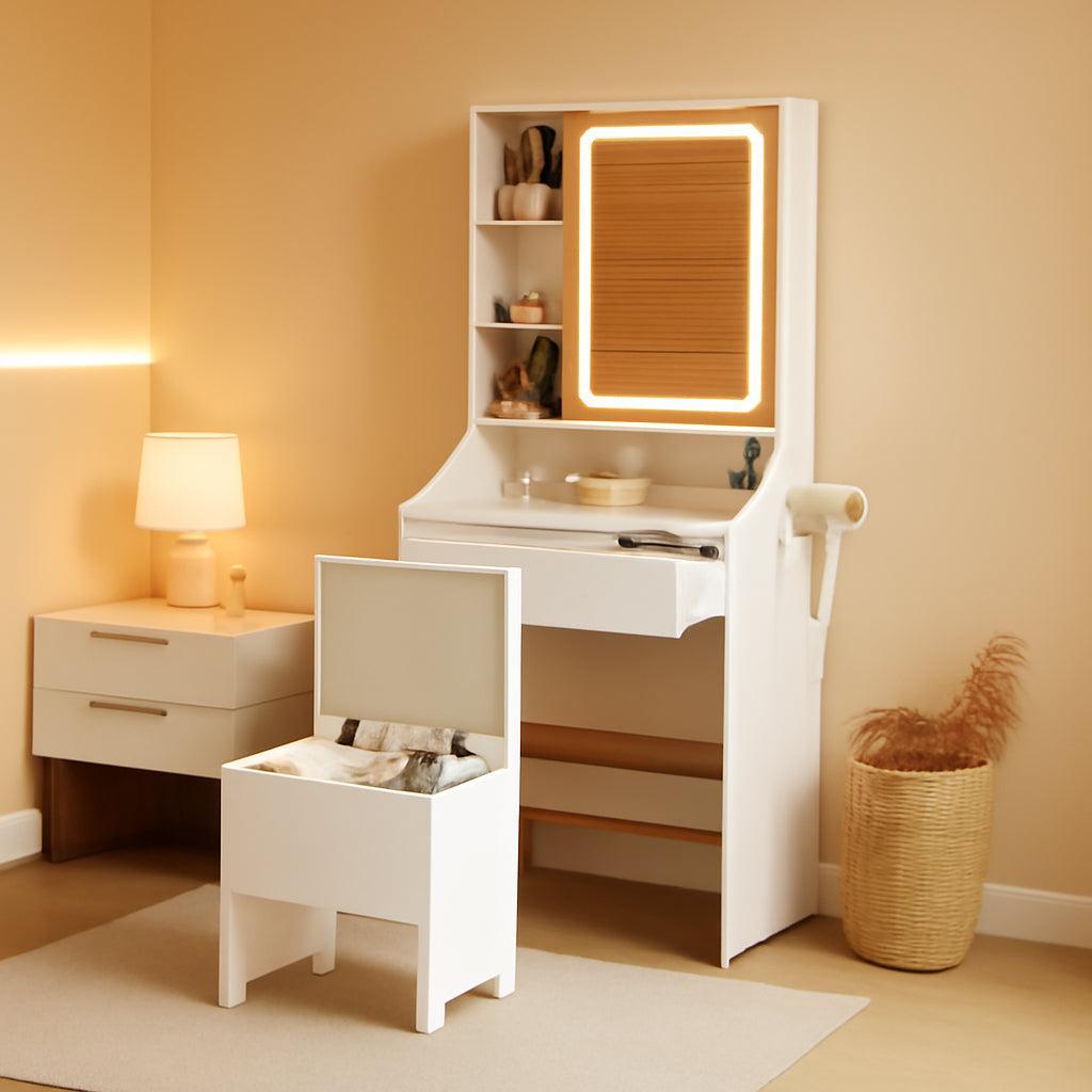 24.4-Inch White Vanity Desk With Mirror, Lights, USB