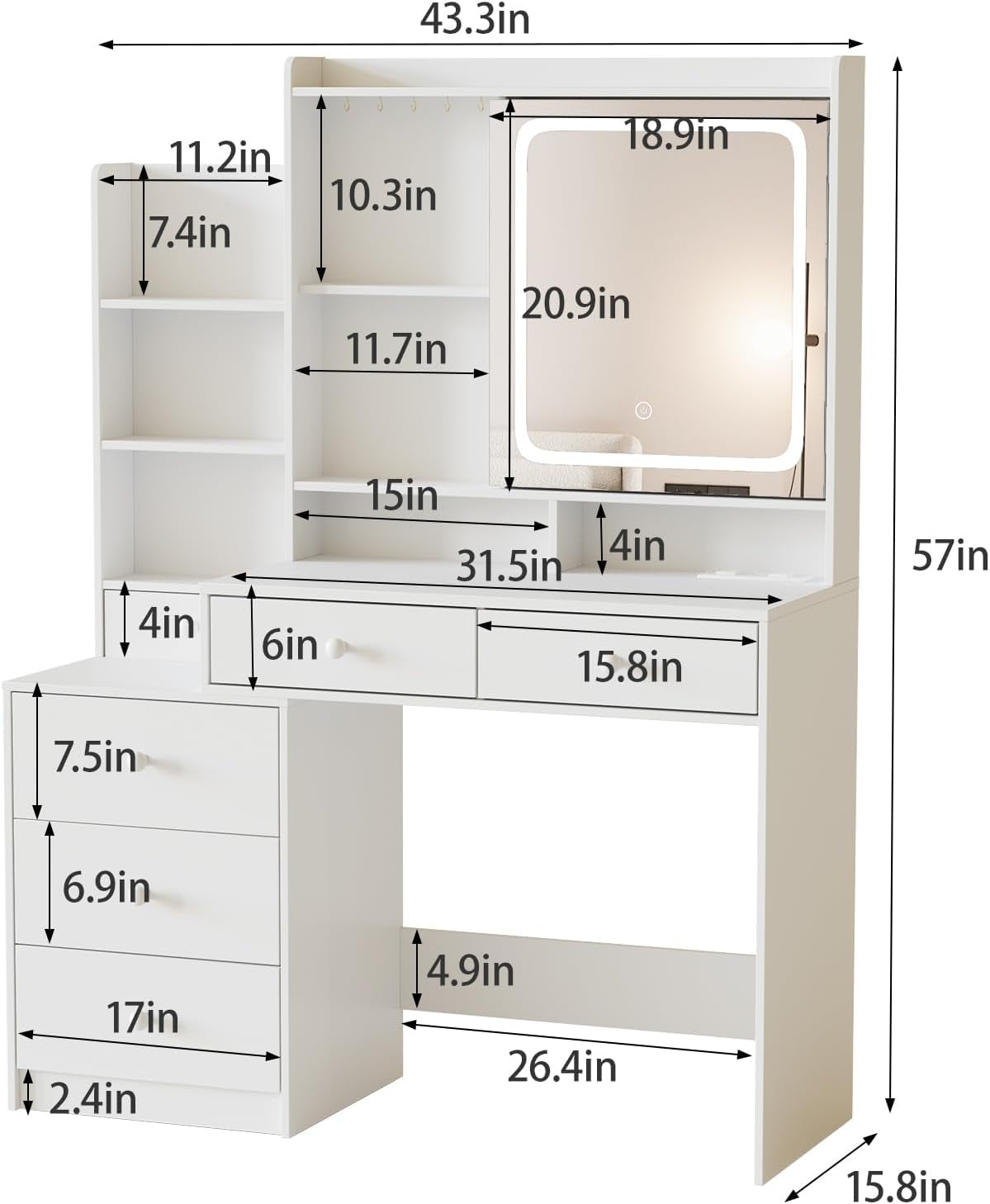 White Makeup Vanity Desk With Power Outlet Led Mirror