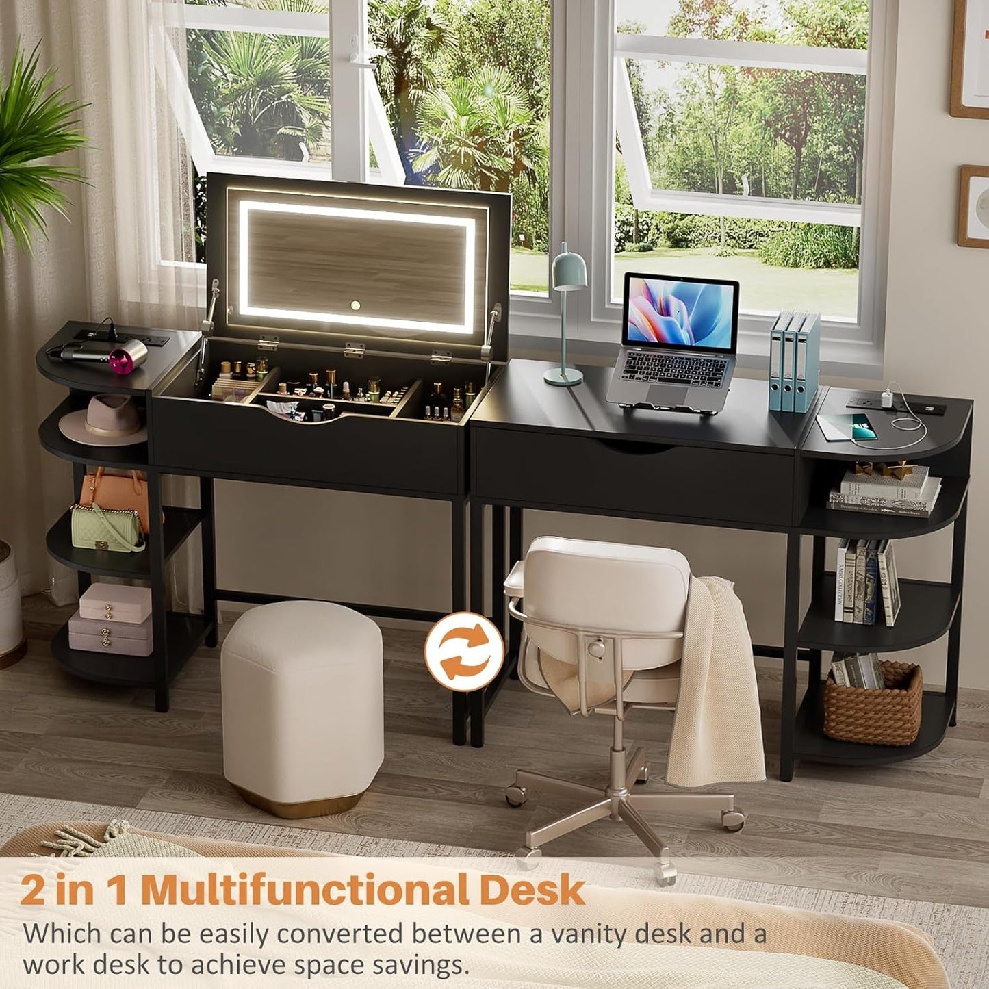 Black Vanity Desk With Multifunctional Ambient Mirror