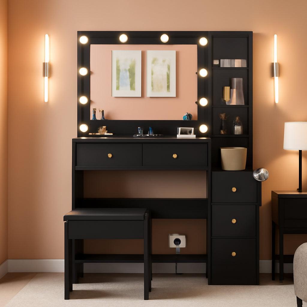 Black Vanity Featuring Lights And Charging Station