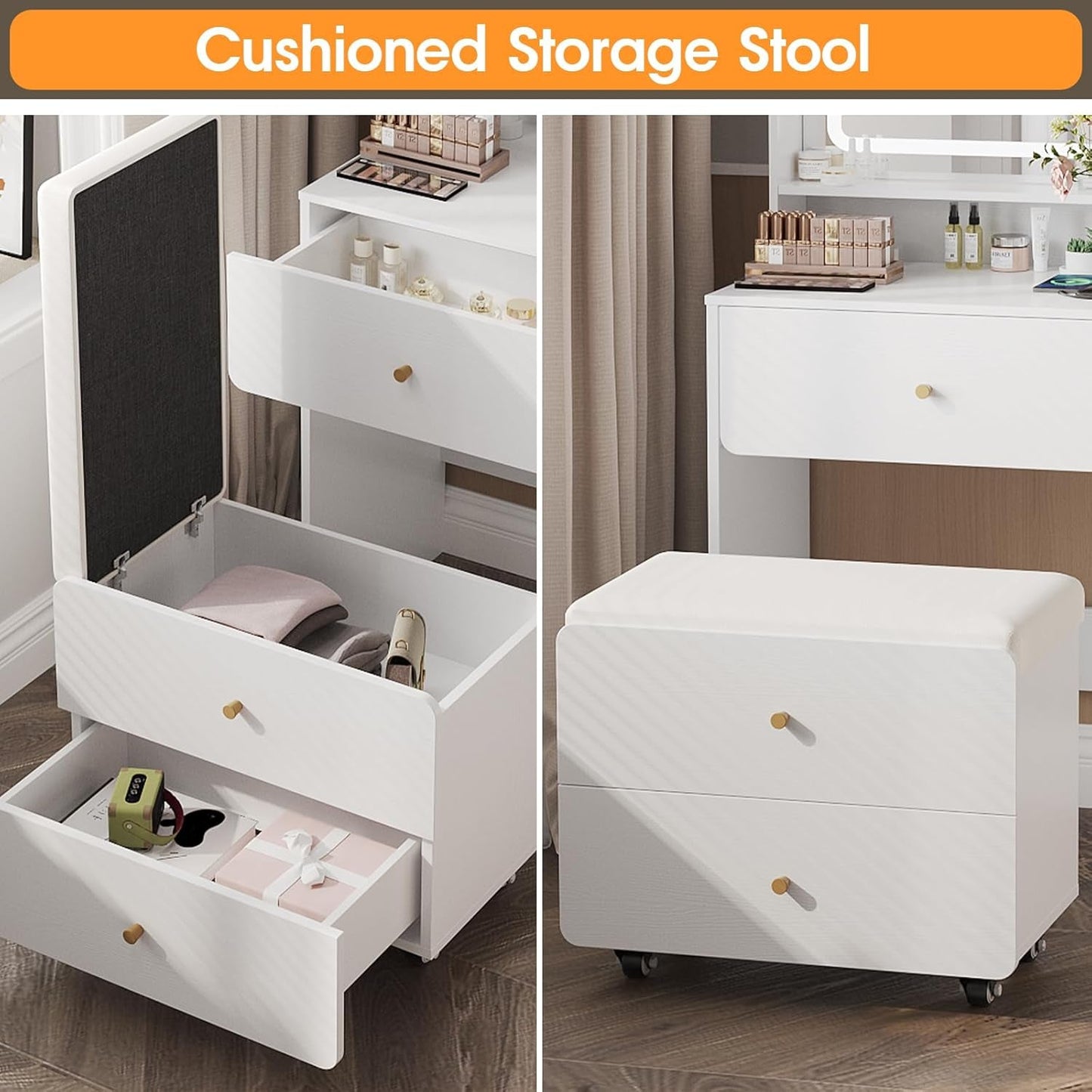 White Makeup Vanity Desk With High Capacity USB Charging