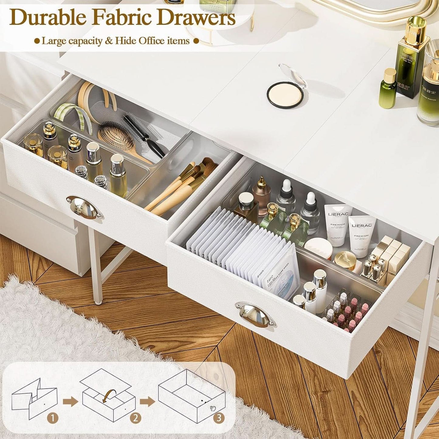 White 31.5 Inch Vanity Desk No Mirror Soft Fabric Drawers