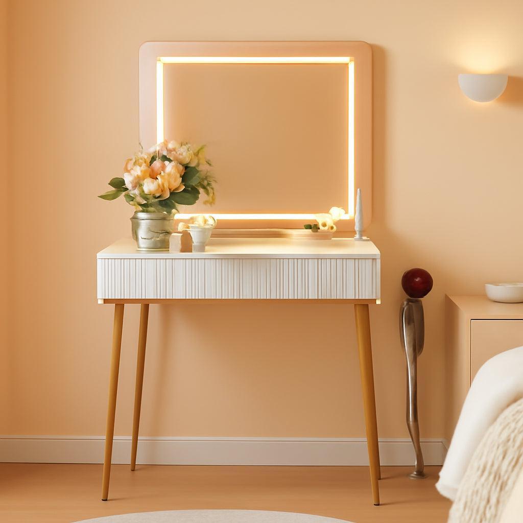 Luxurious White Vanity Desk With Ornamental Accents