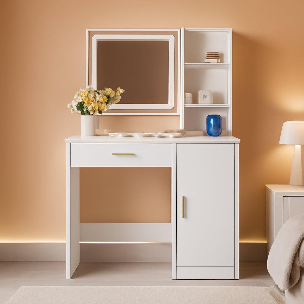 White Vanity Desk With Contemporary Illuminated Mirror