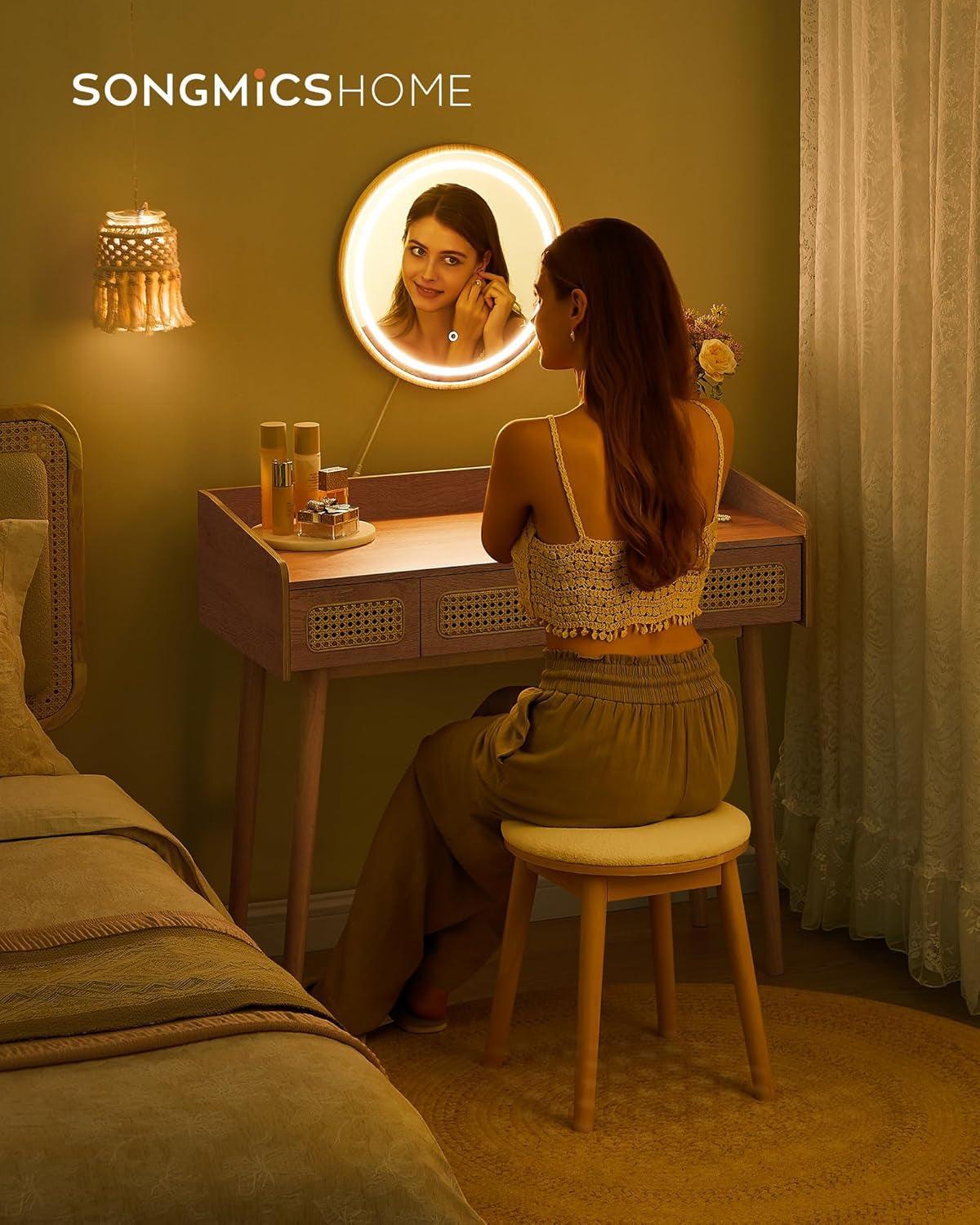 Oak Beige Solid Wood Vanity Desk With Dimmable Mirror