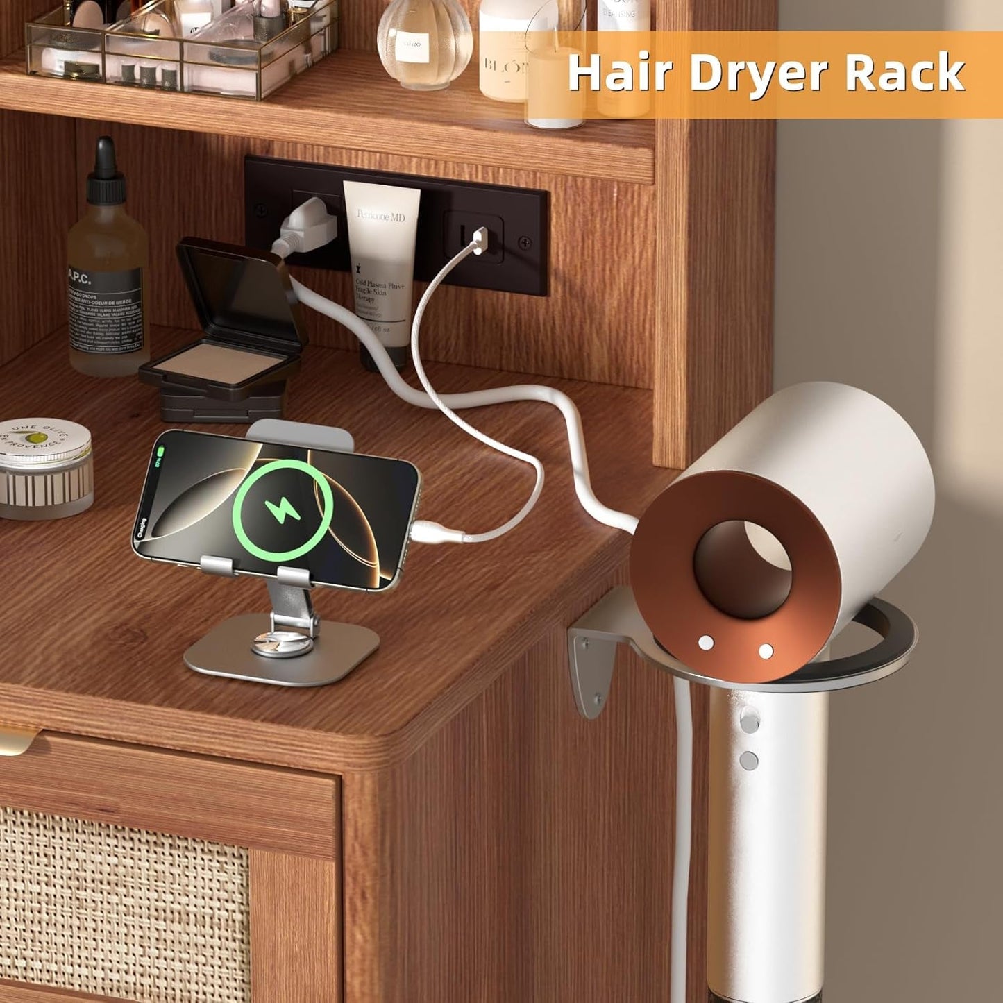 Rattan Vanity Desk 43.5-Inch With Illuminated Mirror