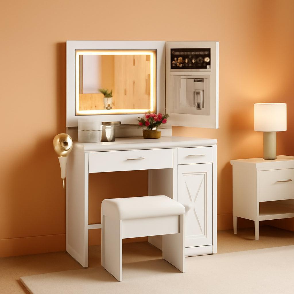 White Multifunctional Vanity Desk With Illuminated Mirror