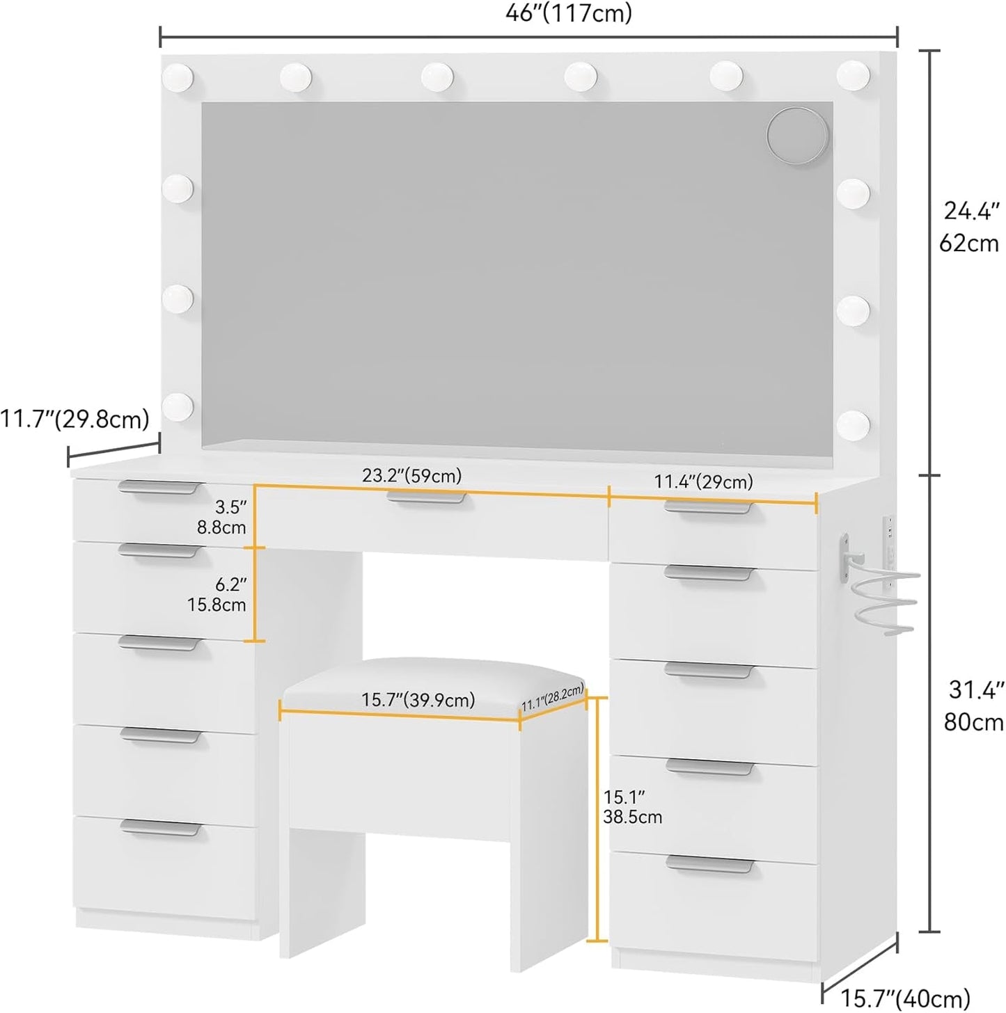 Premium Makeup Vanity With Illuminated Mirror Eleven Drawers