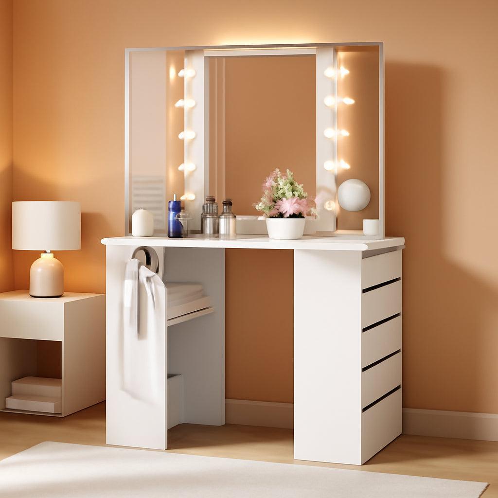 White Corner Vanity Desk With Illuminated Five Drawer
