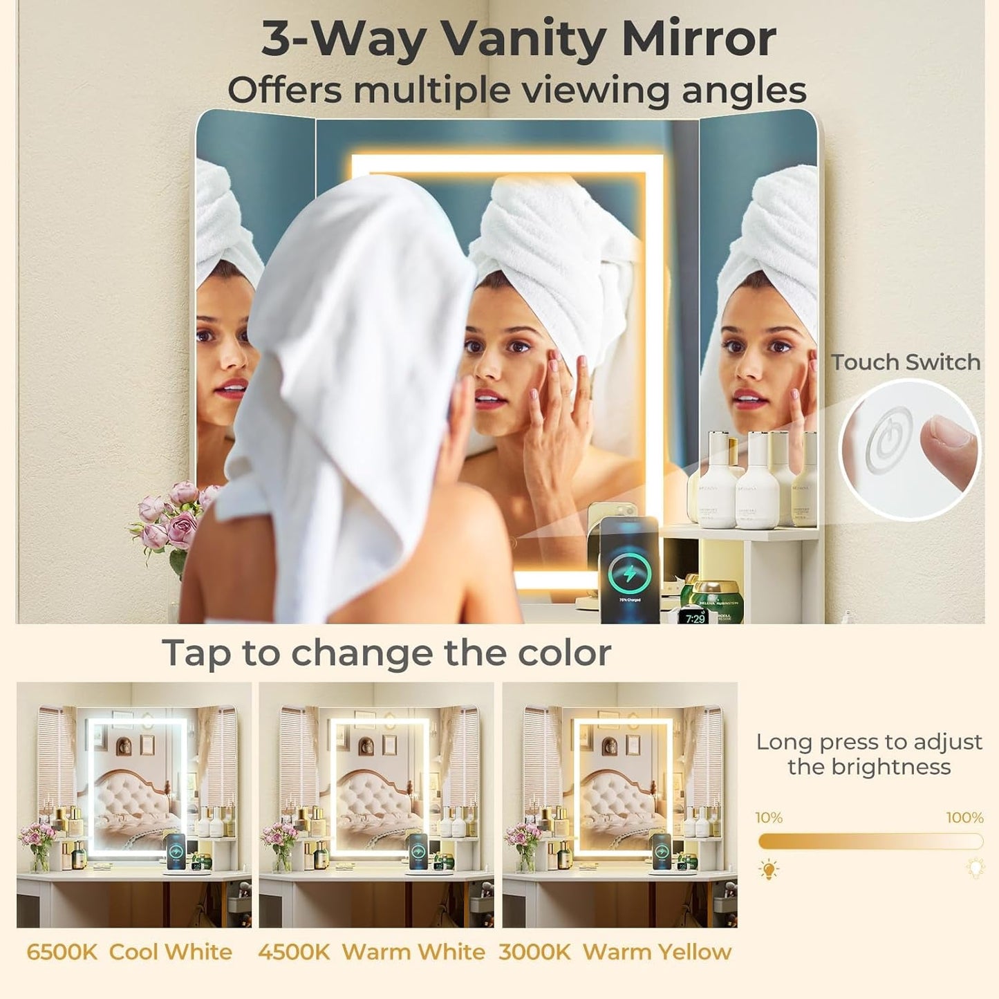 Corner Vanity Desk With Lighted Tri Fold Mirror And Storage White Gold