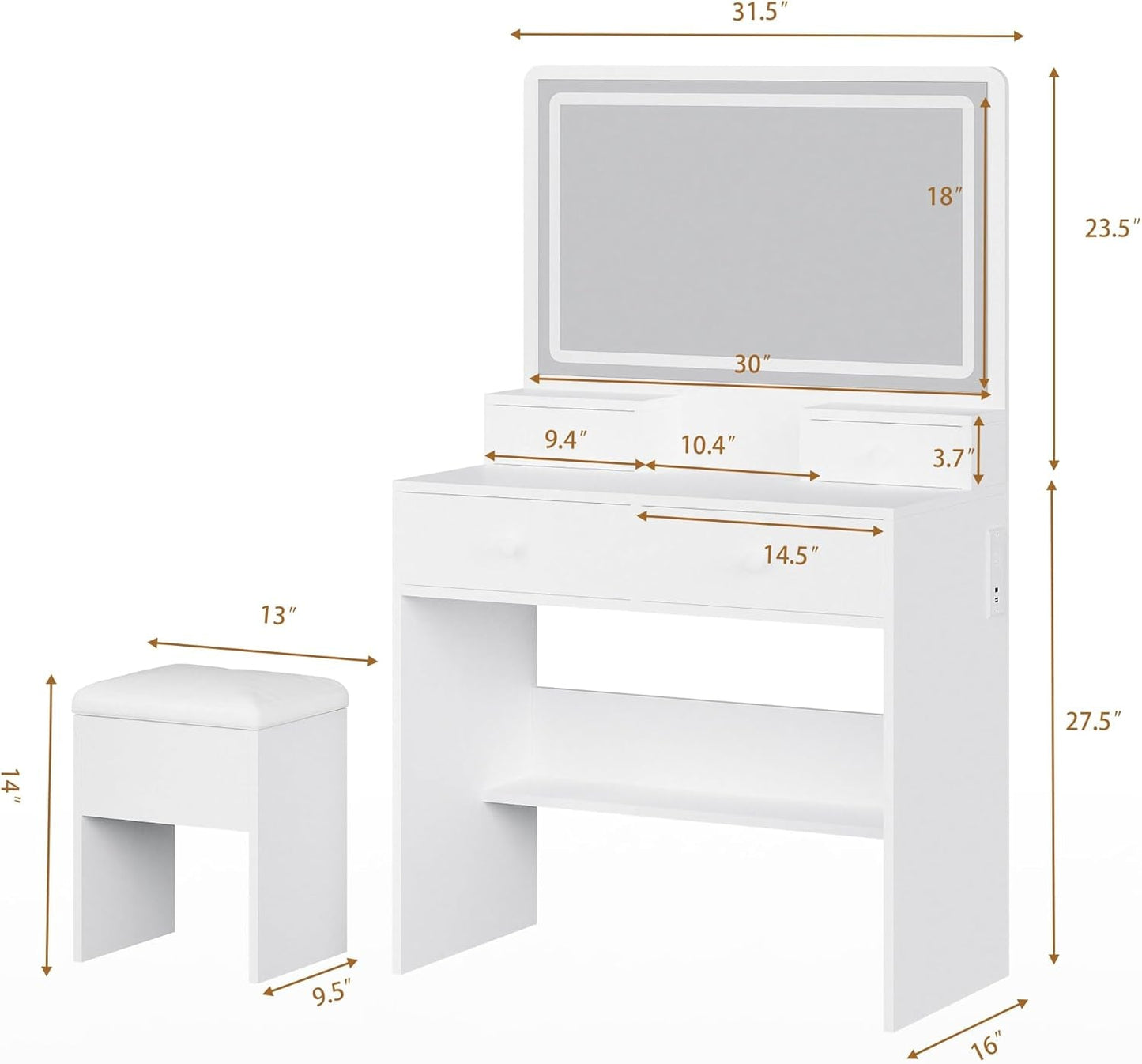White Makeup Vanity Desk With Integrated LED Lighting
