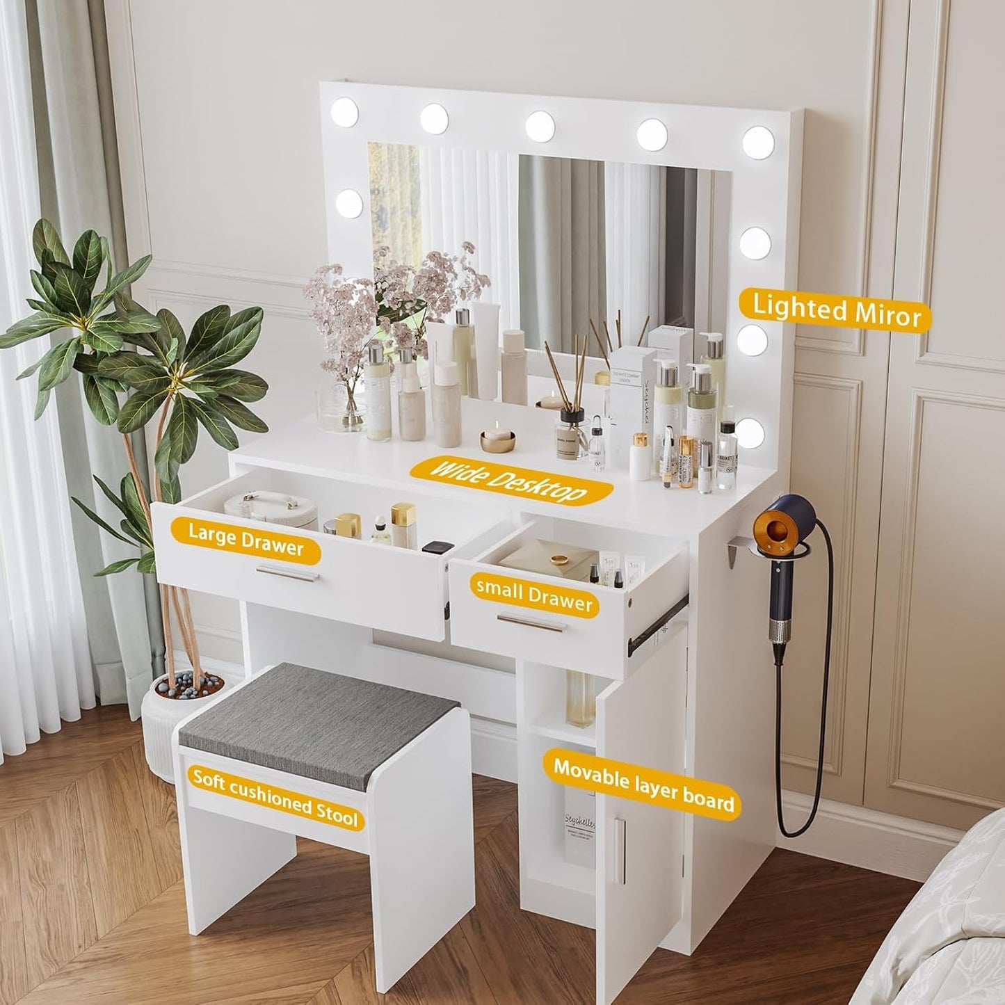 White Vanity Desk With Illuminated Mirror Lighting