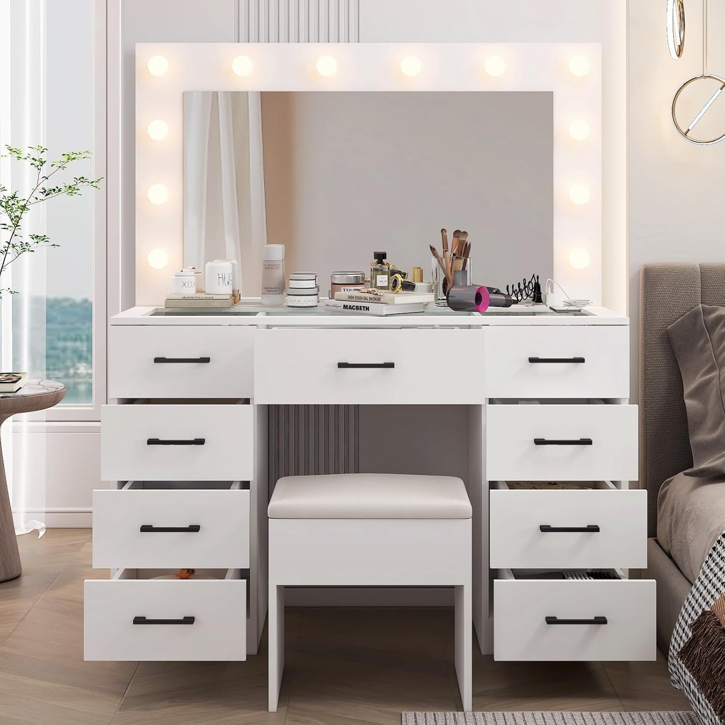 45.3 Vanity Desk With Glass Table top Illuminated White