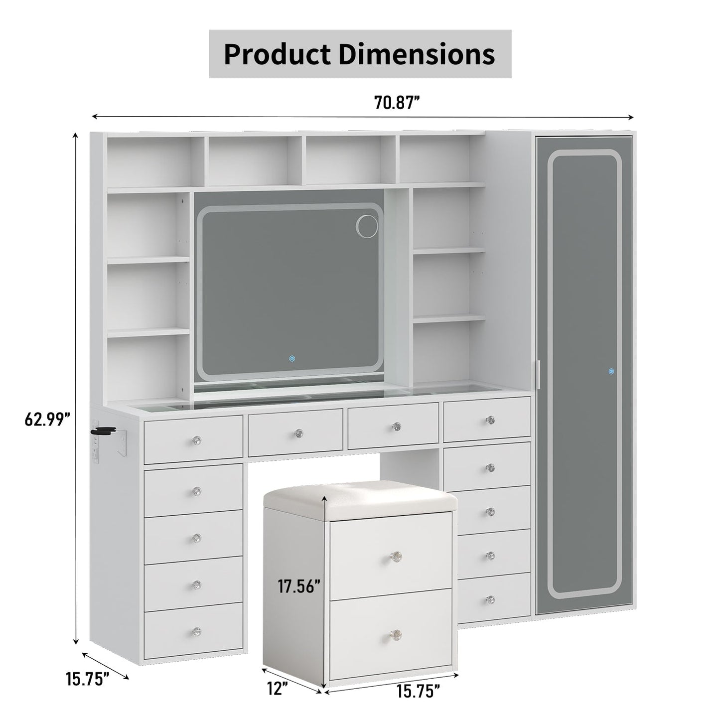 14-Drawer Full-Length Mirror Vanity Desk with 10 Shelves, White - Vektaya