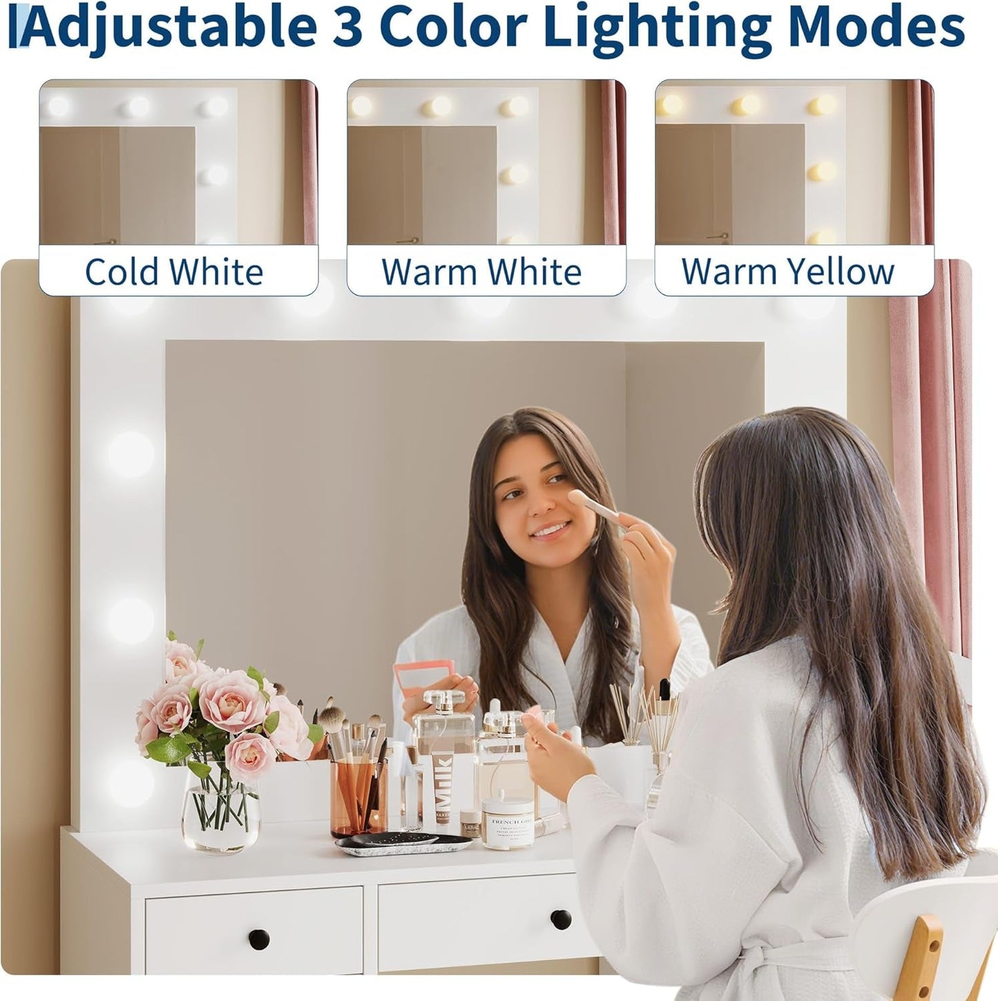 White Vanity Desk With Mirror And Storage Drawers Pro