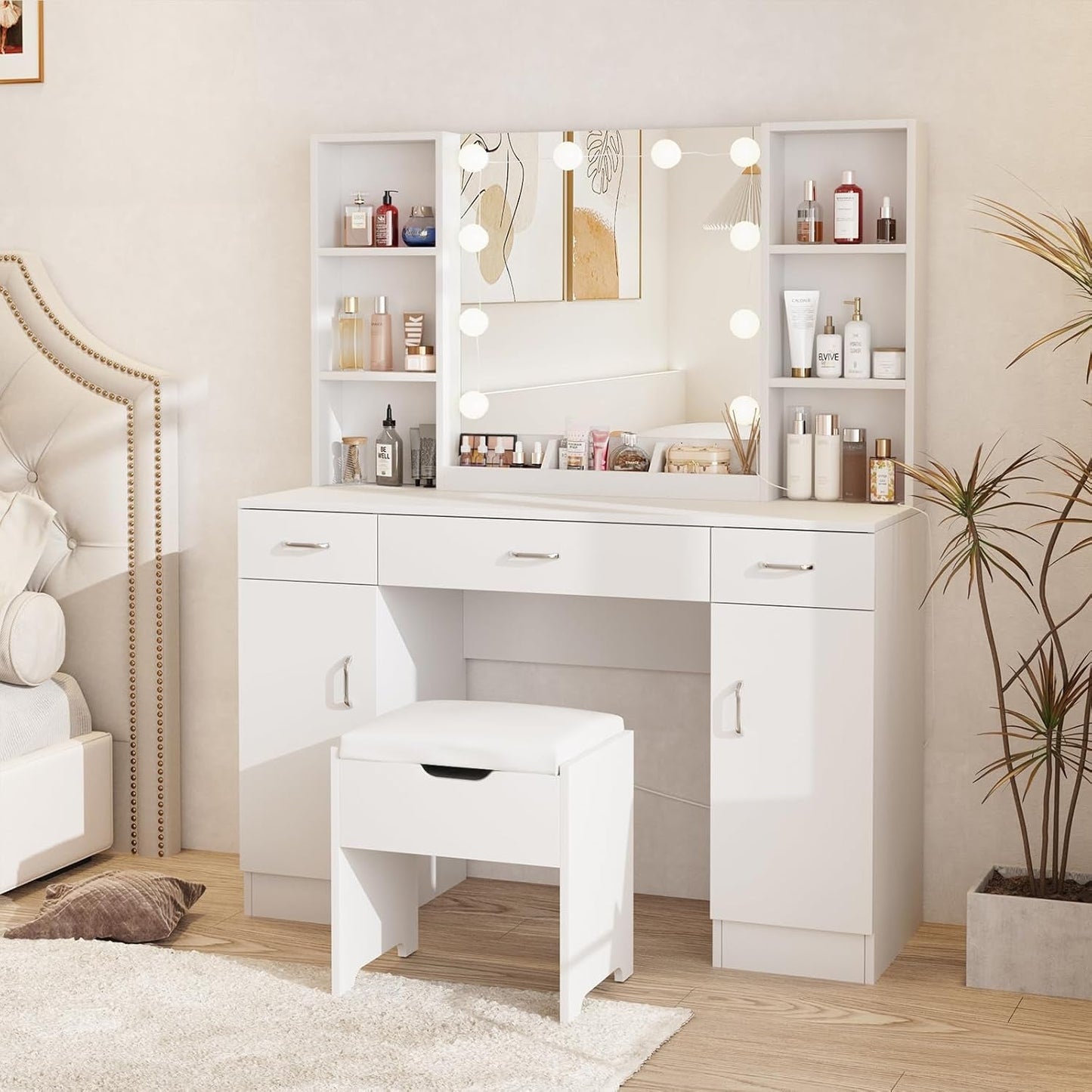 Ivory Vanity Desk With Illuminating Mirrored 45 Inch