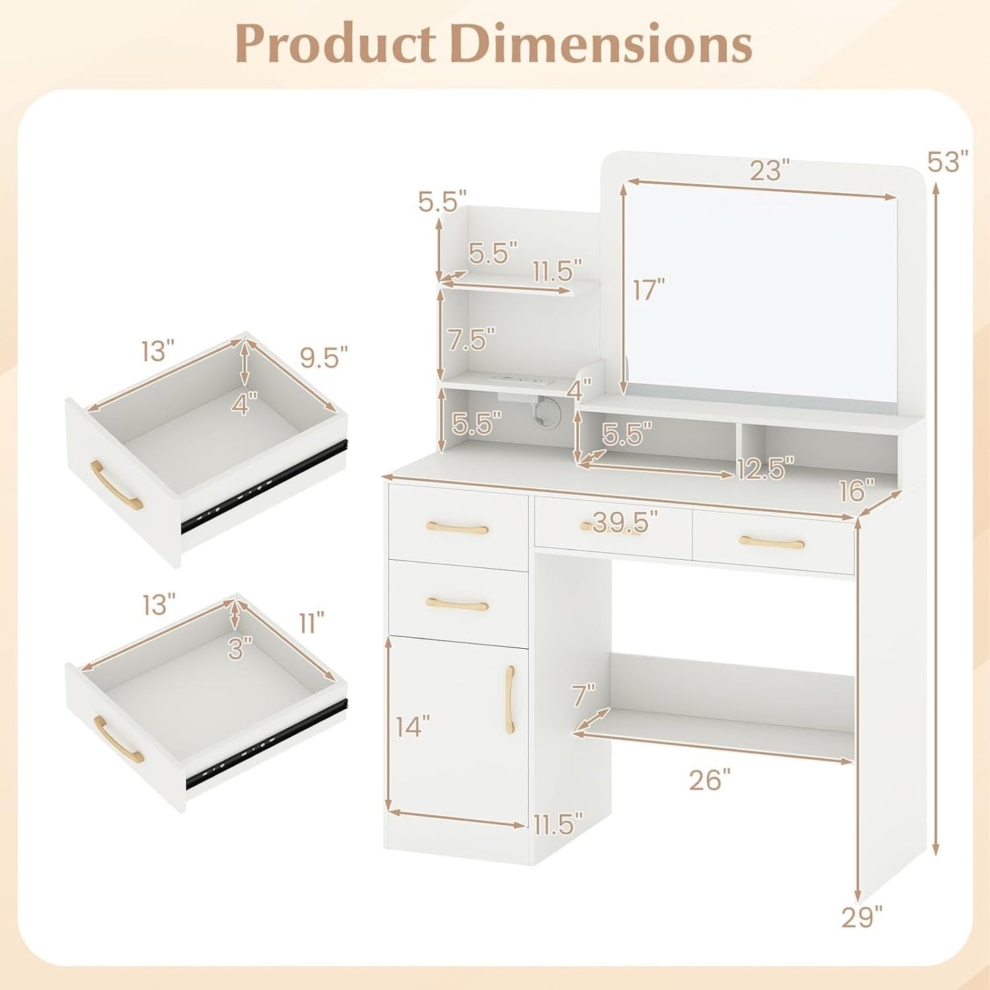 Contemporary White 40 Inch Makeup Vanity Desk Mirror