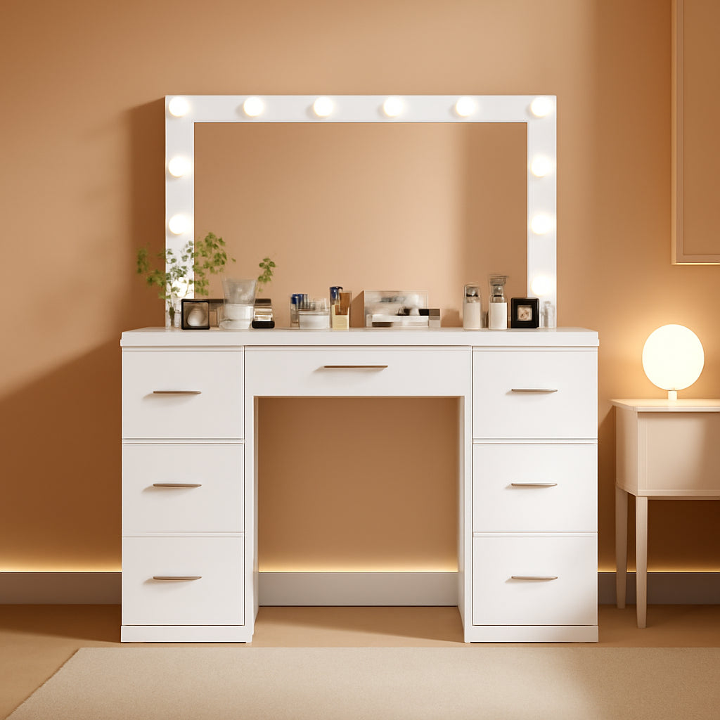 White Vanity Desk With Adjustable Illuminated Mirror