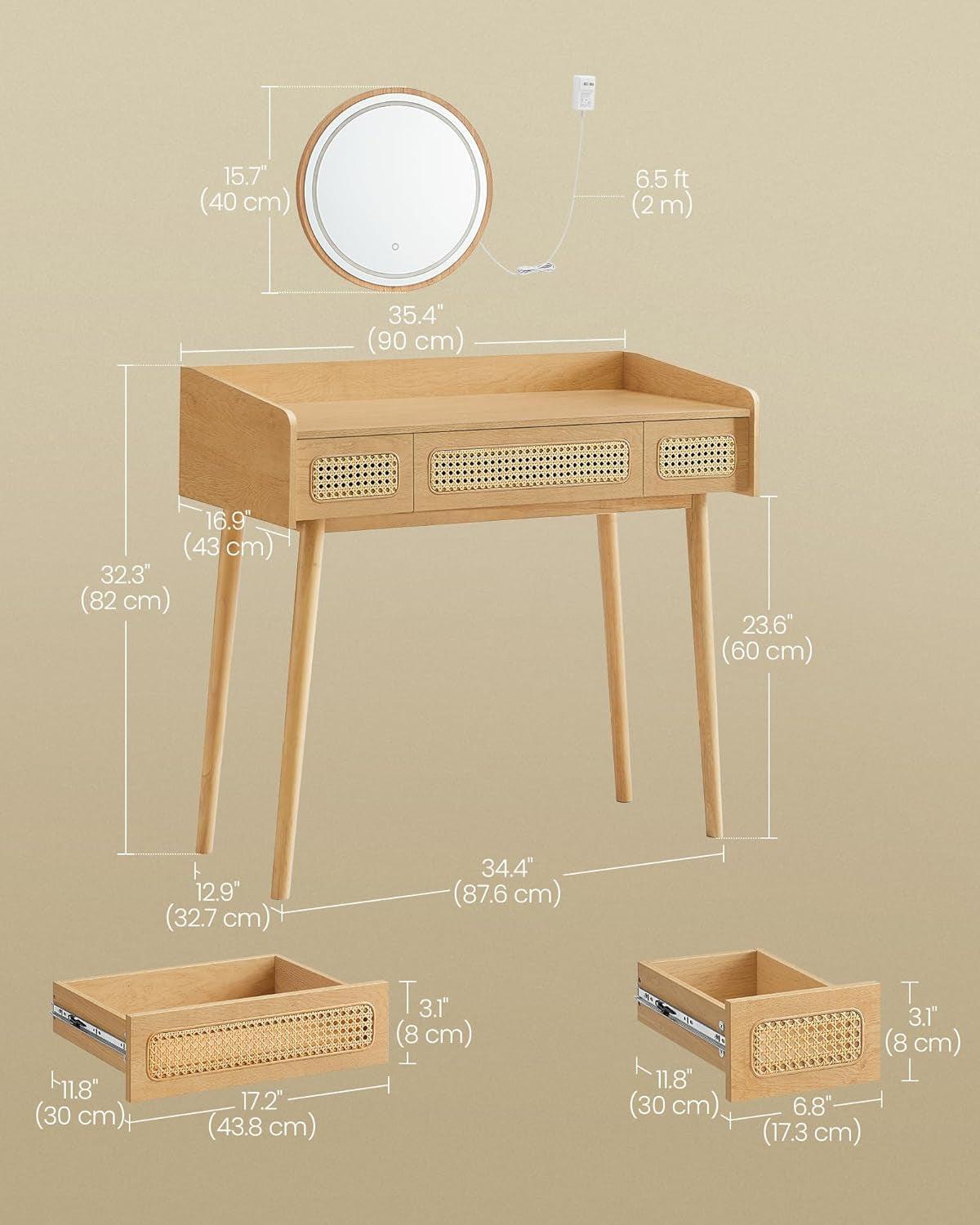 Oak Beige Solid Wood Vanity Desk With Dimmable Mirror