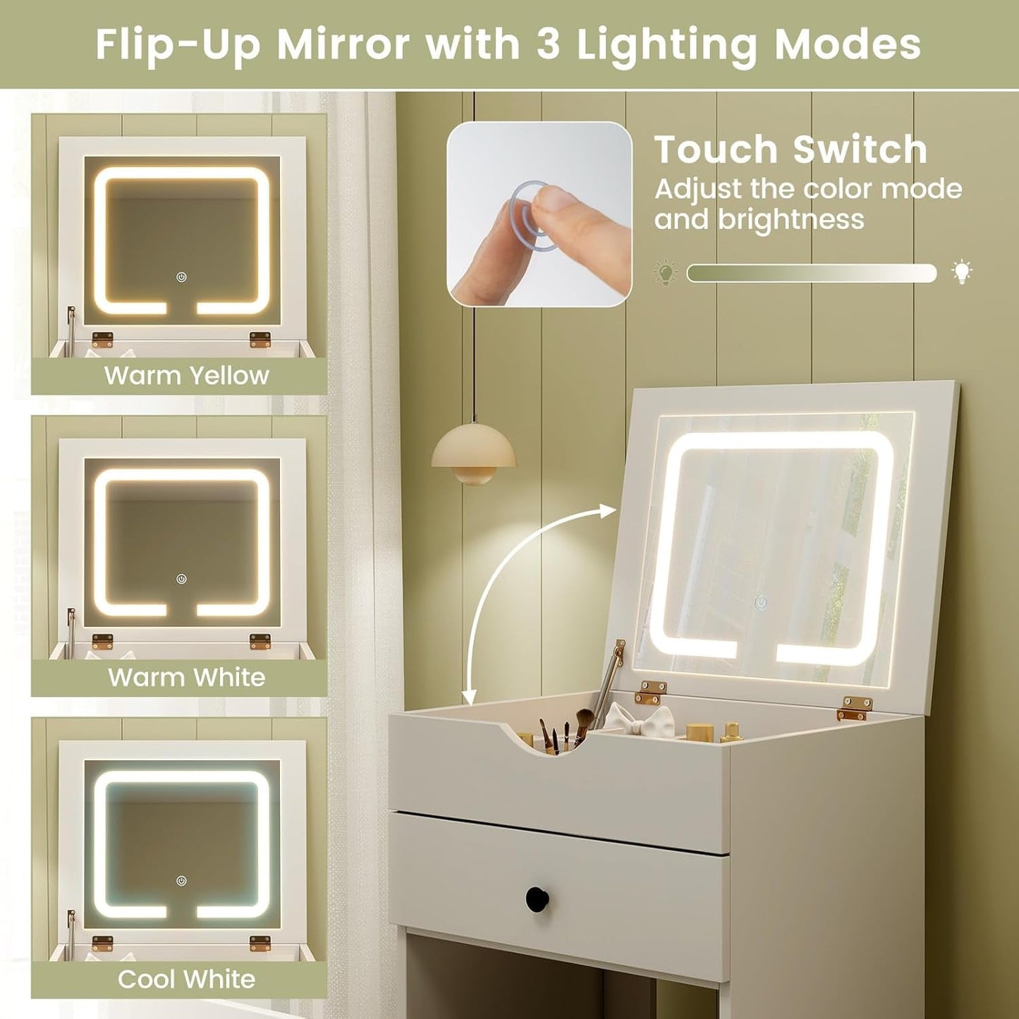 Small White Vanity Desk Illuminated Mirror Storage