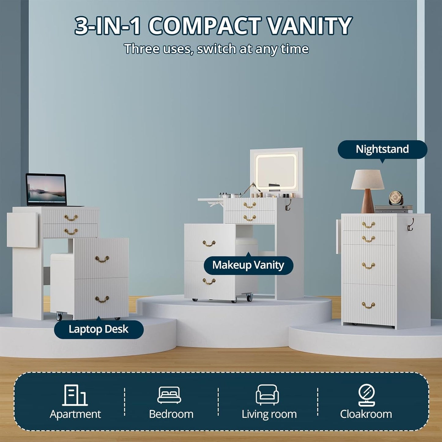 White Compact Vanity With Flip Mirror Illumination
