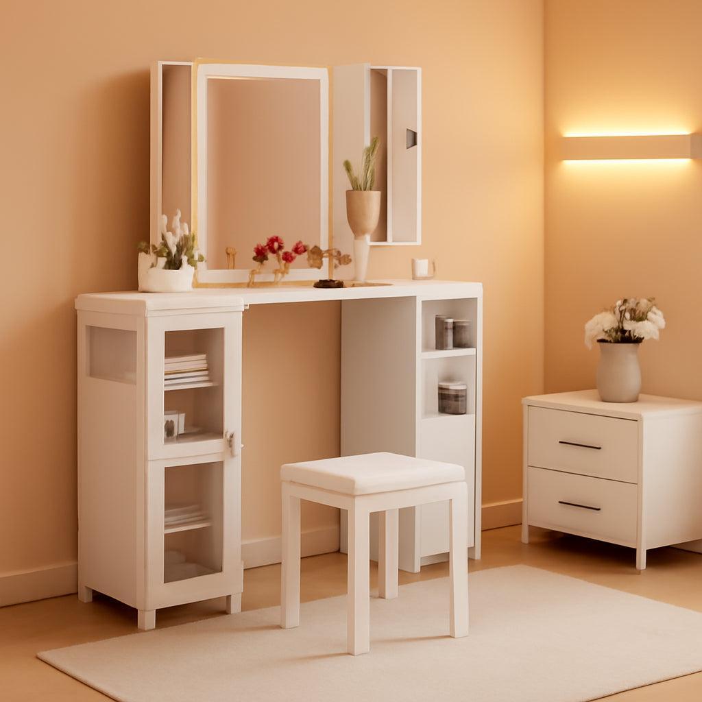Elegant White Corner Vanity Desk LED Illuminated Mirror