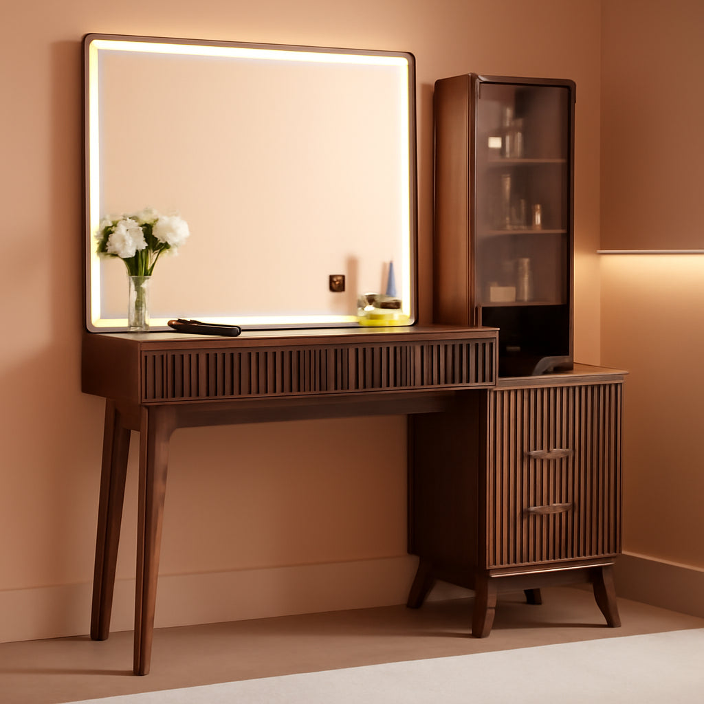 48 Inch Fluted Vanity Desk With Illuminated LED Mirror