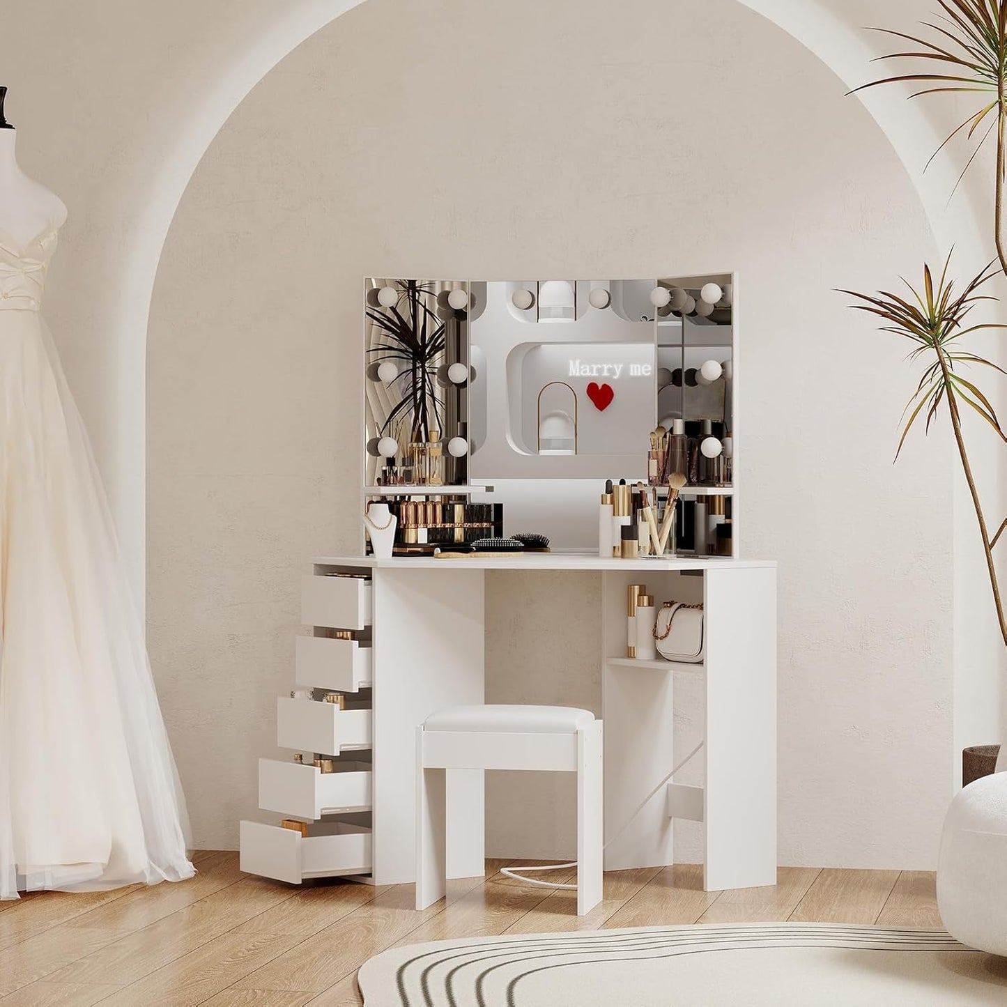 White Corner Vanity Desk With Illumination Modules