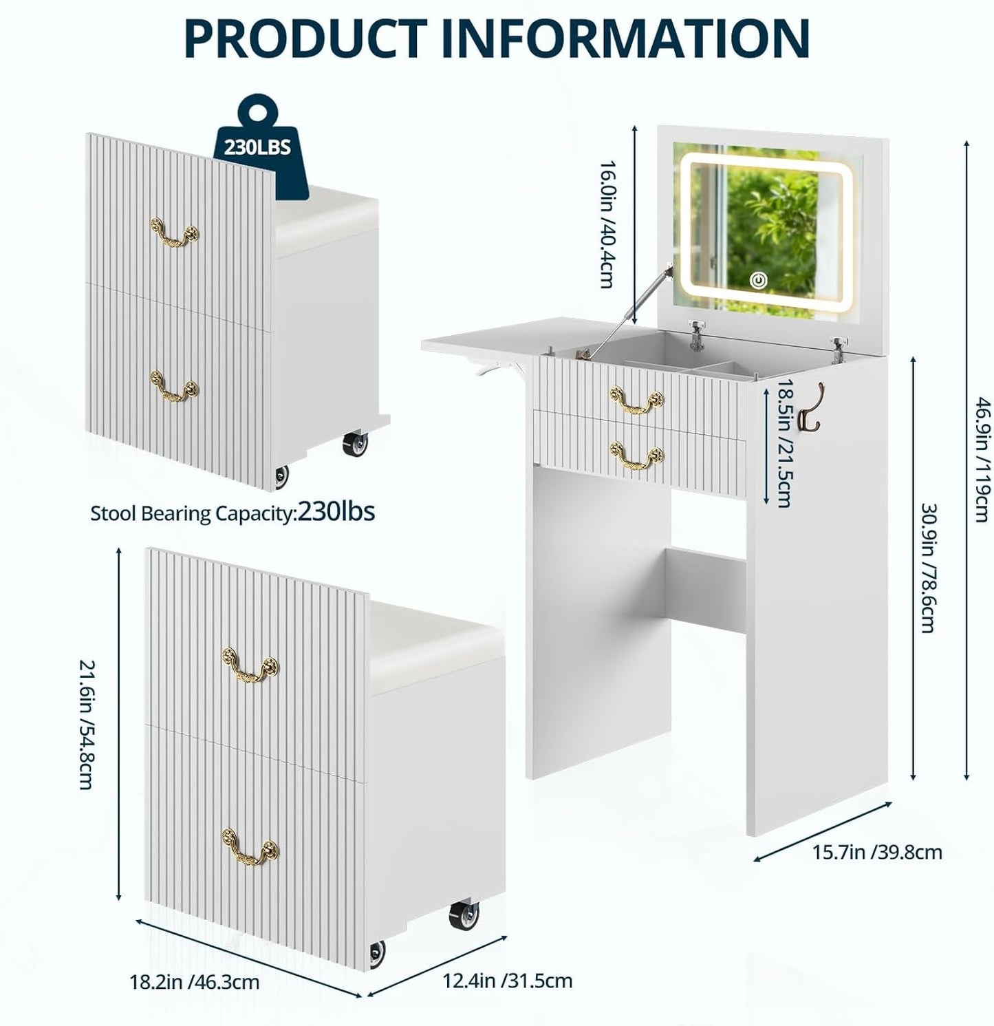 White Compact Vanity With Flip Mirror Illumination