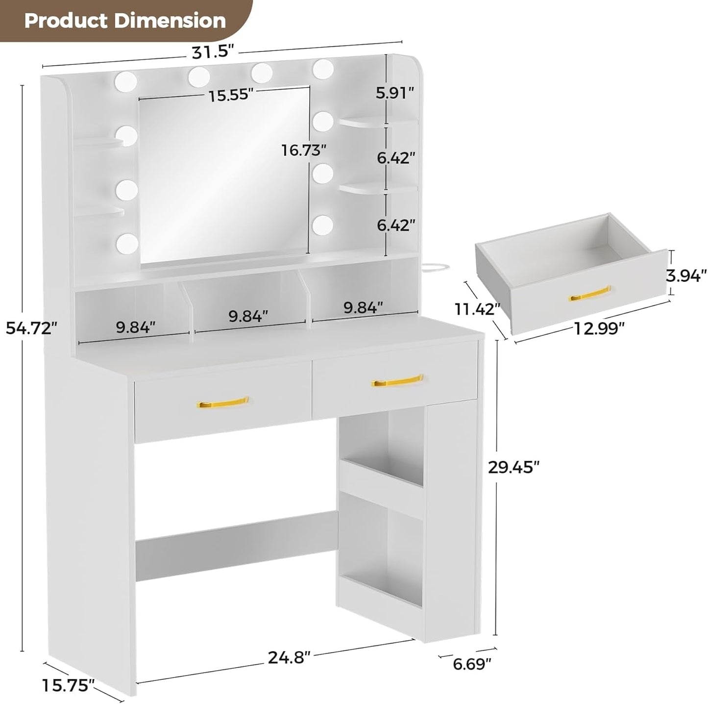 White LED Vanity Desk With Illuminated Makeup Mirror