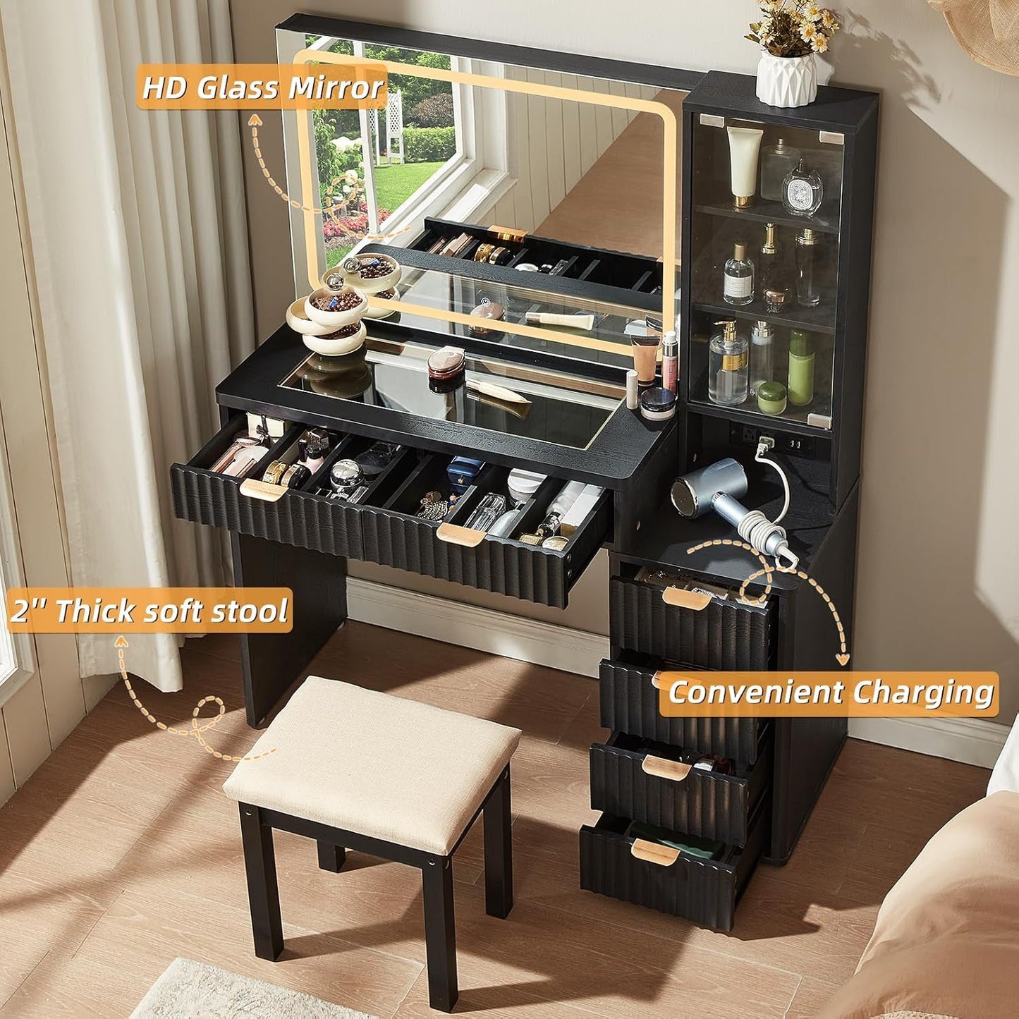 Black Vanity Desk With Premium Crystal Mirror Light