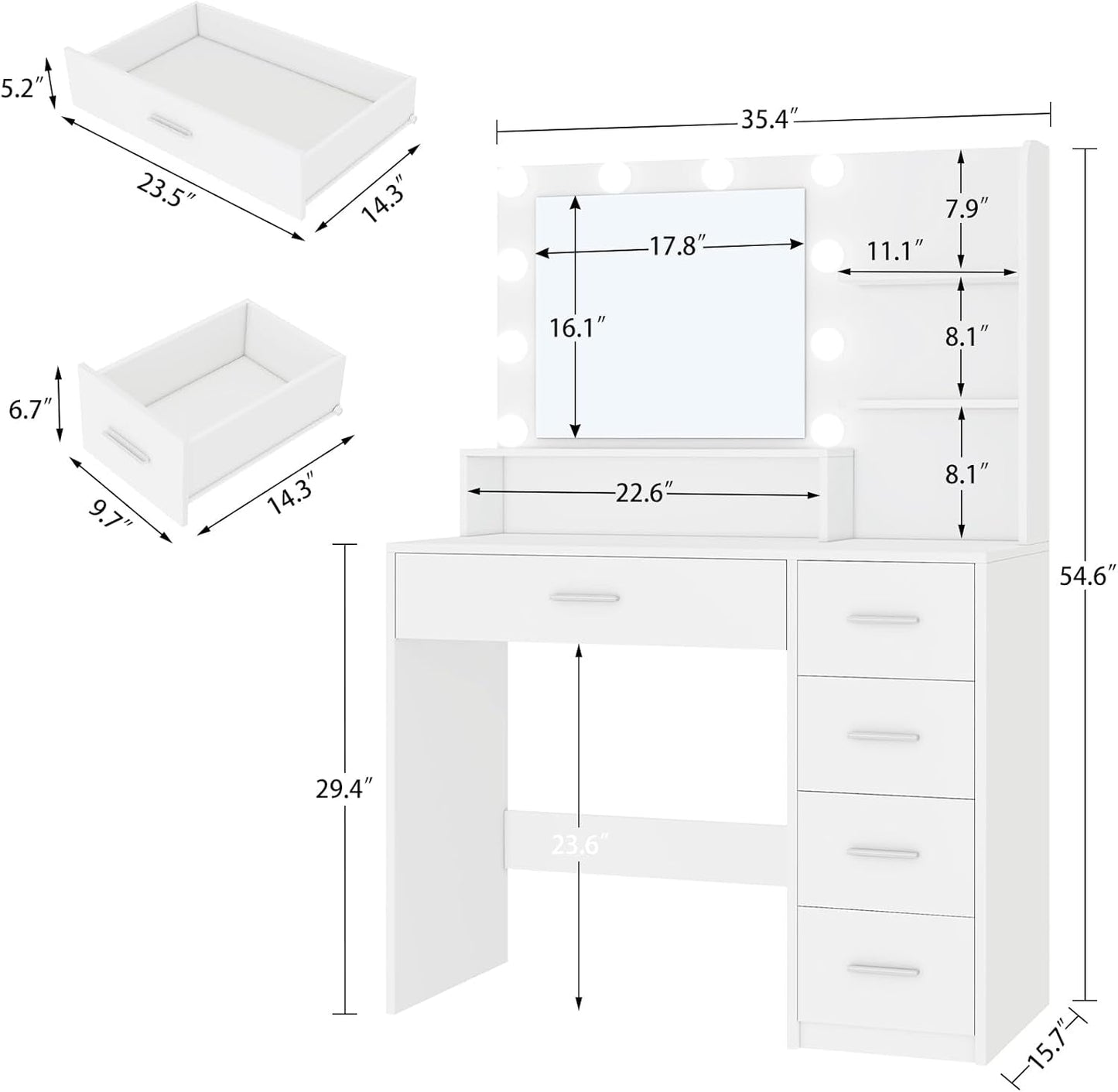 White Mirrored Vanity Desk With Illuminated Lights