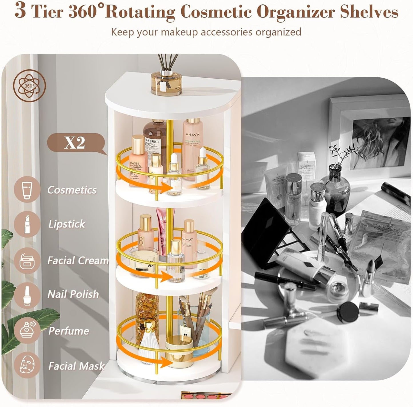 White Illuminated Vanity Desk With Rotating Organizer