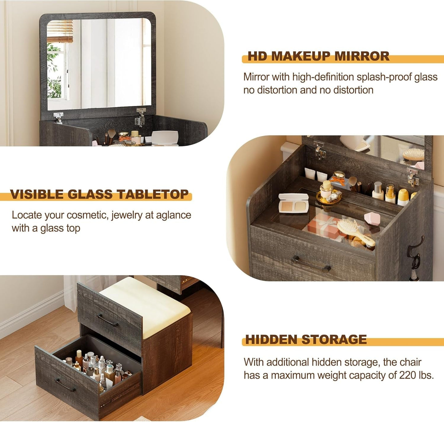 Compact Three In One Vanity Desk Mirror Dark Oak Finish