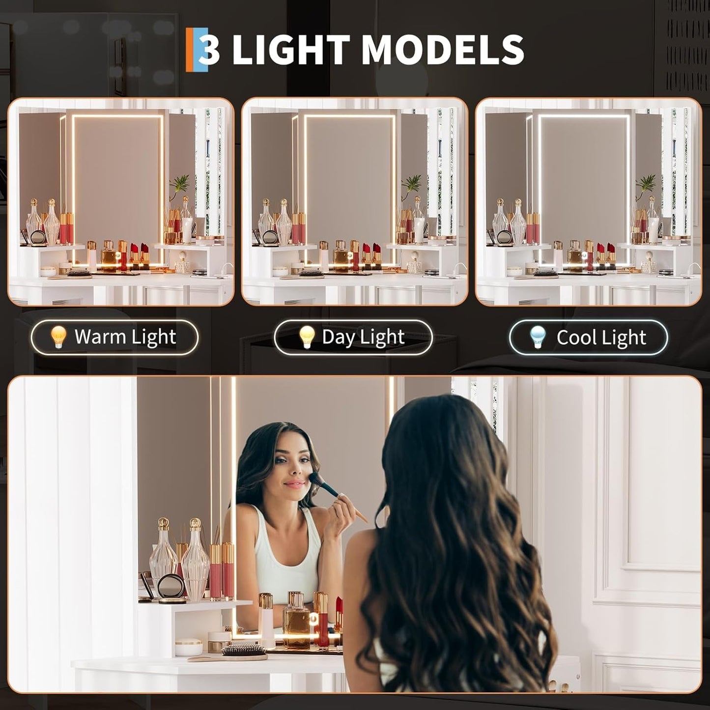 Elegant White Corner Vanity Desk LED Illuminated Mirror