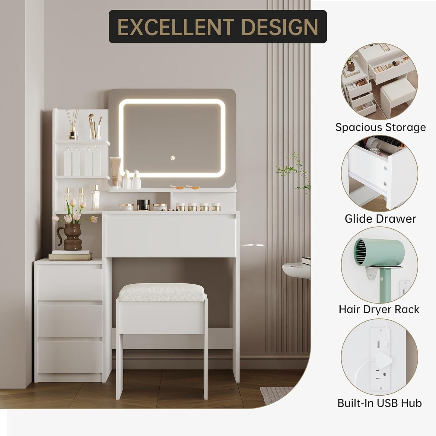 White Vanity Desk With Integrated LED Illumination