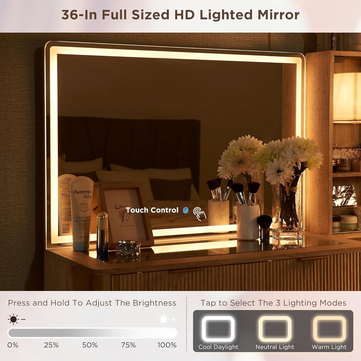 Fluted Vanity Desk 36 Inch Illuminated Cosmetic Mirror