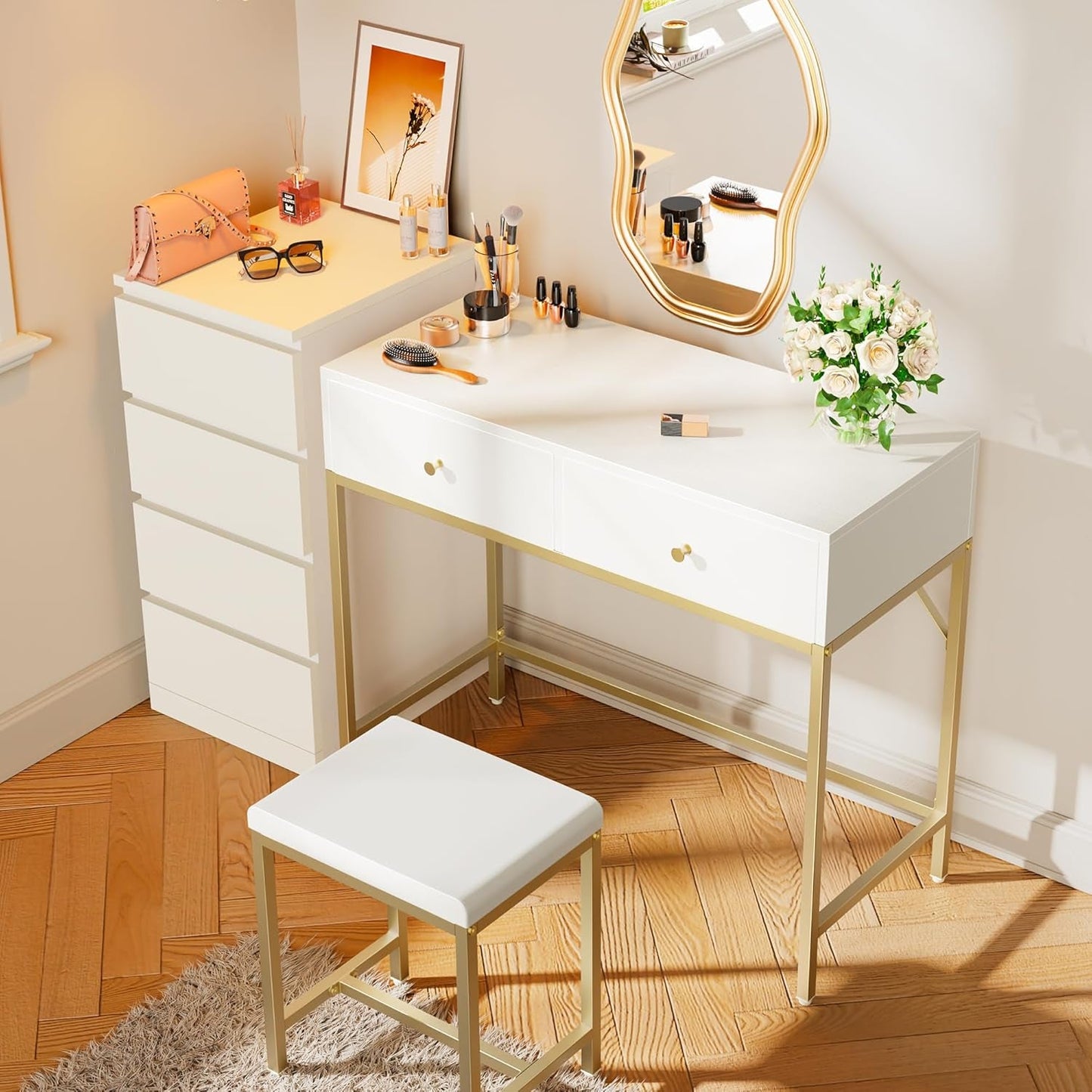 Elegant White Gold 35.4-Inch Architectural Vanity Desk