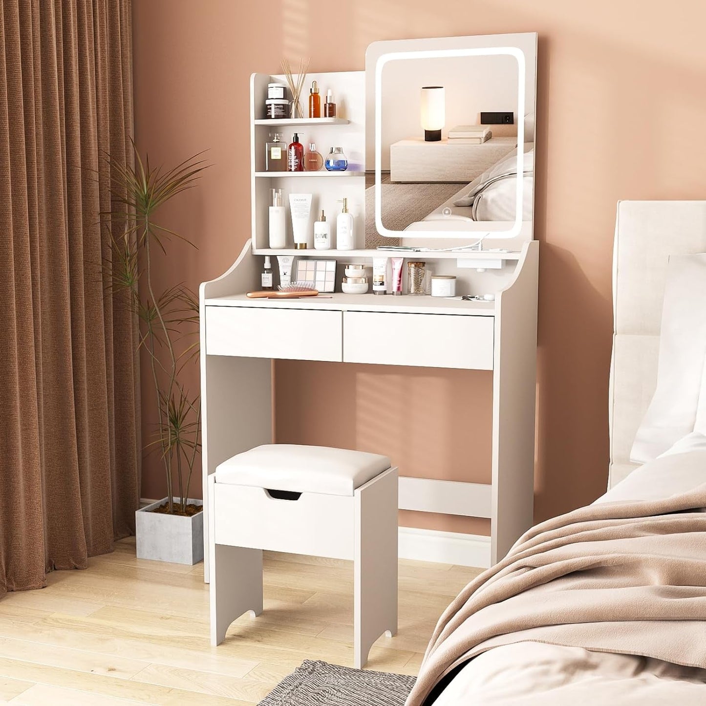 Vanity Desk With Integrated LED Mirror And Charging