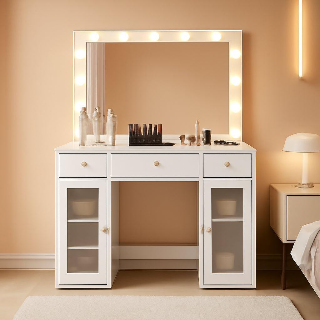 White Cosmetic Vanity Desk With Illuminated Mirror