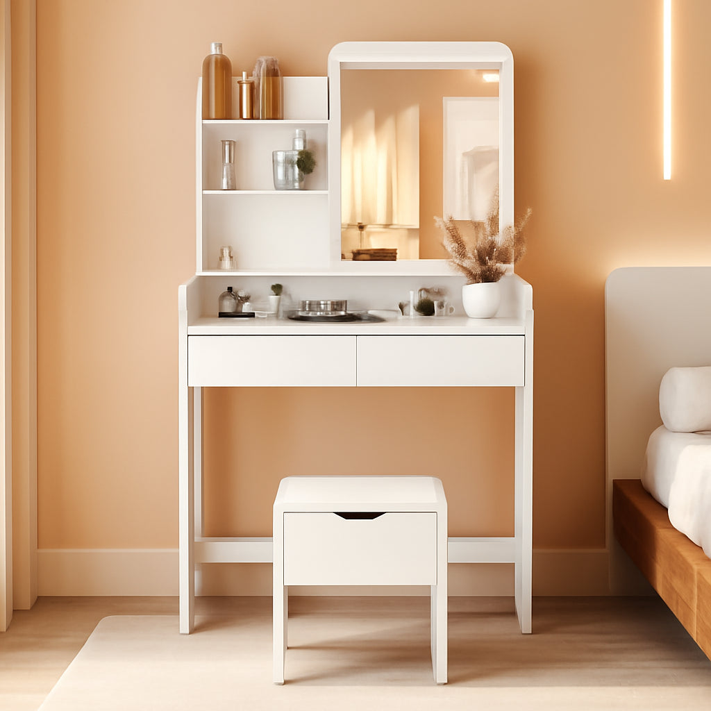 Vanity Desk With Integrated LED Mirror And Charging