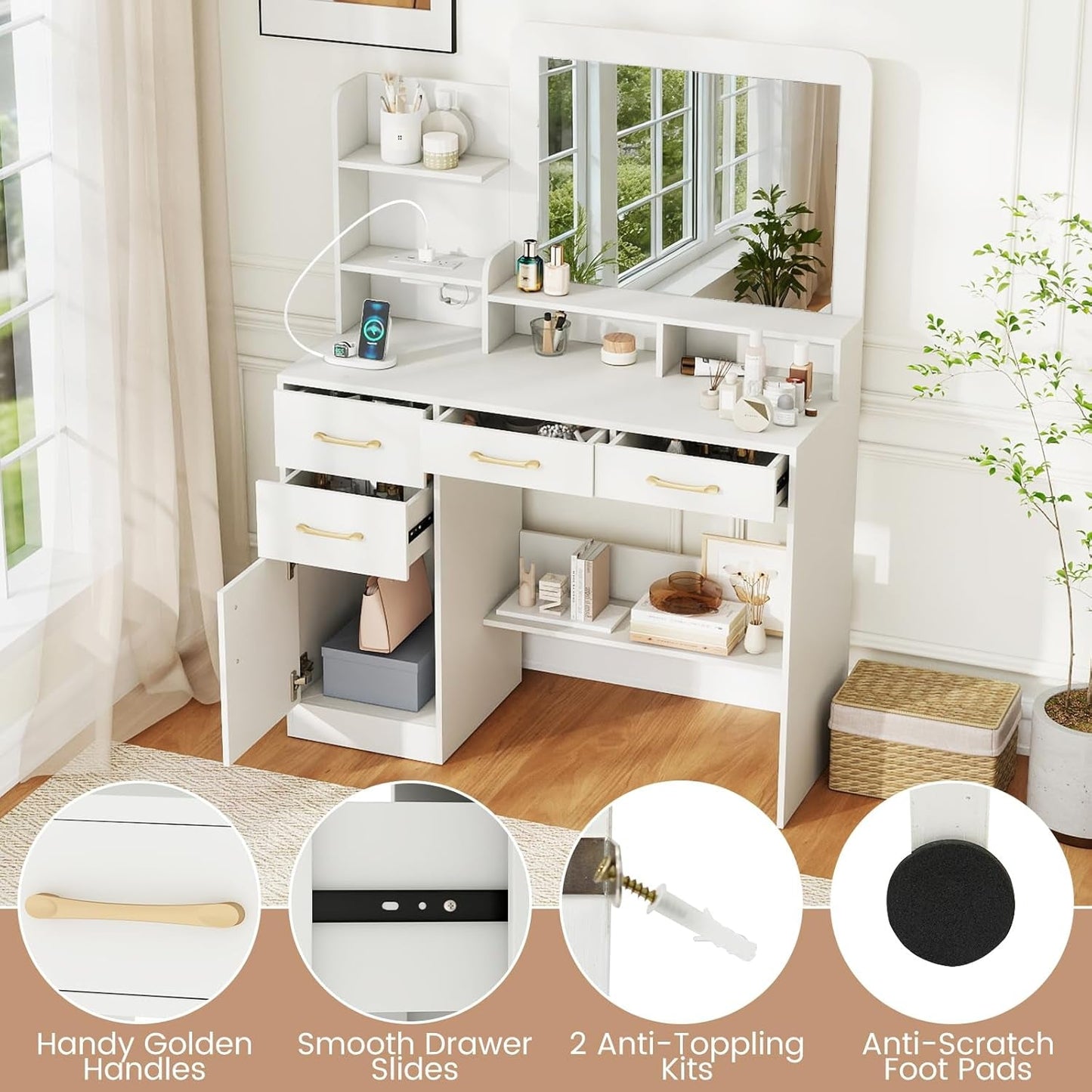 Contemporary White 40 Inch Makeup Vanity Desk Mirror