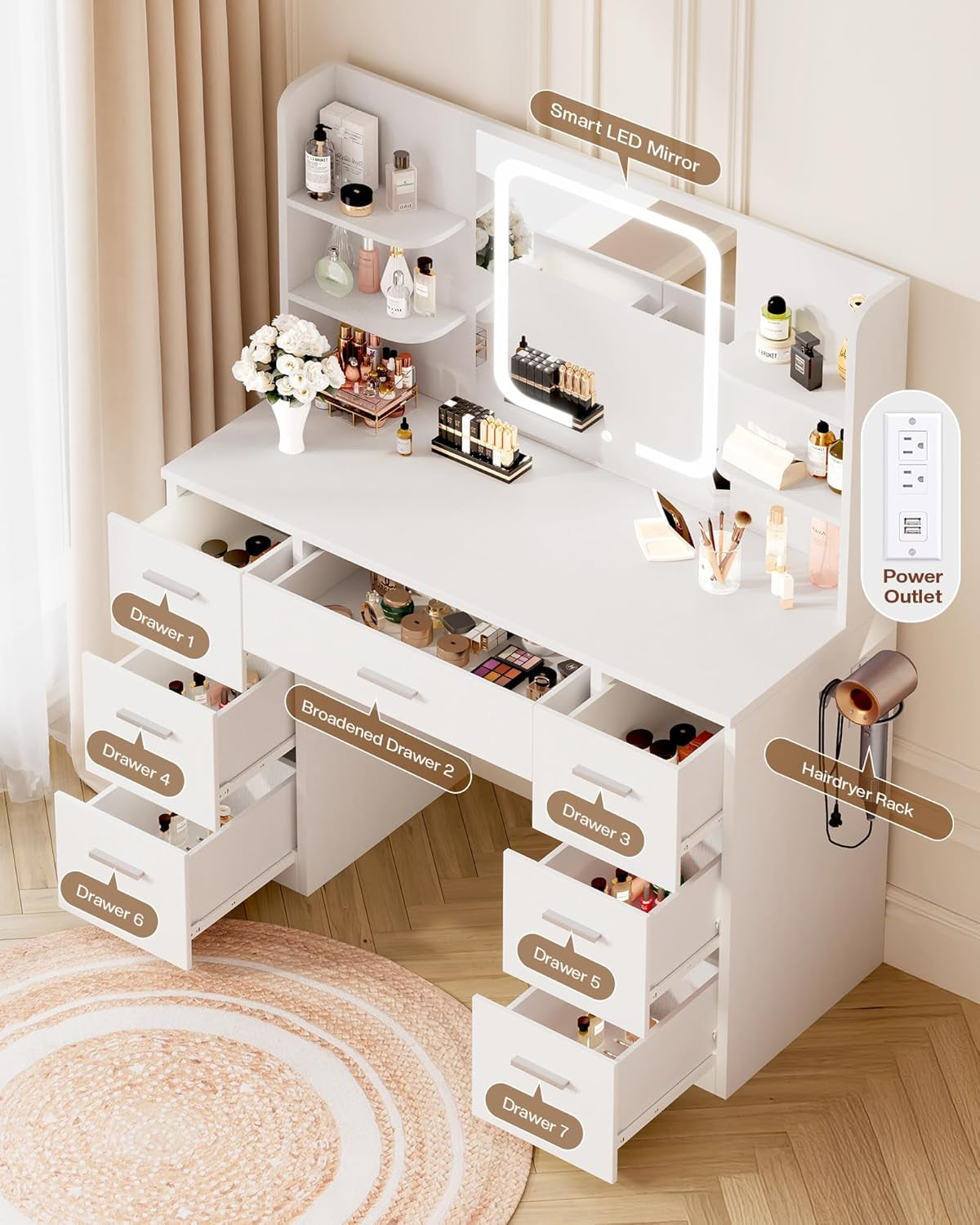 White Vanity Desk With Smart LED Mirror And Storage