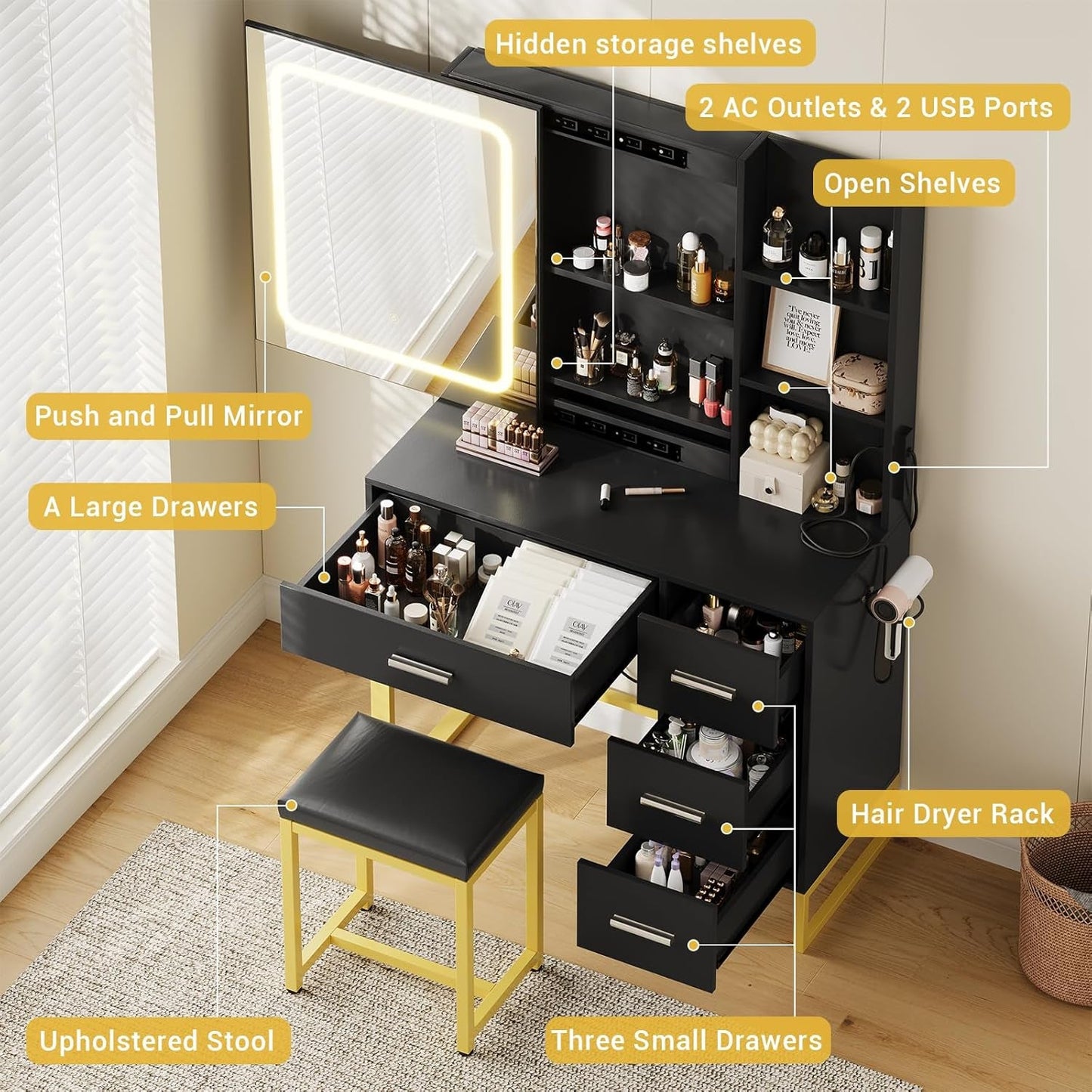 Black Makeup Vanity Desk With Adjustable Illumination