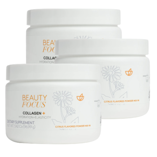 3 PACK - Beauty Focus® Powder Mix-In Collagen+ Citrus - includes Free 16oz Glass Jar with Lids and Straw